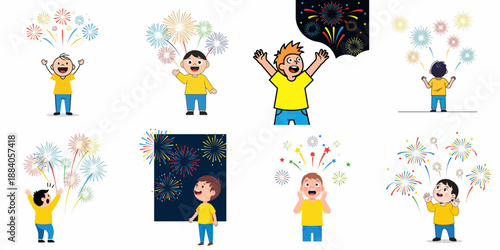 Cartoon set of happy boys cheering and celebrating while watching colorful fireworks displays for festivals, holidays, and celebrations.