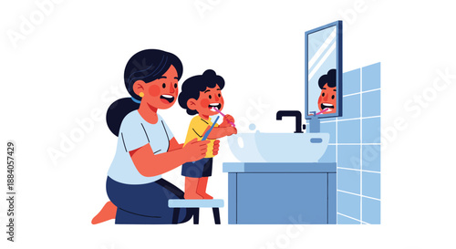 Vector illustration of an Indian mother teaching her child to brush teeth, promoting hygiene education and healthy family habits in a friendly flat vector design
