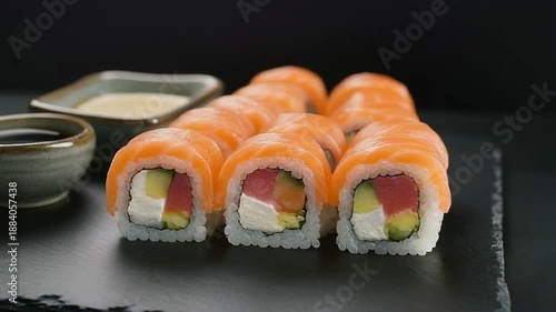 Sushi rolls on a plate with soy sauce and wasabi on the side, on a dark background