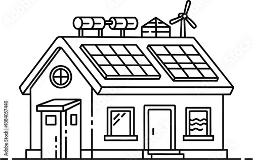 modern house with solar panels and wind turbine on the roof generating renewable energy