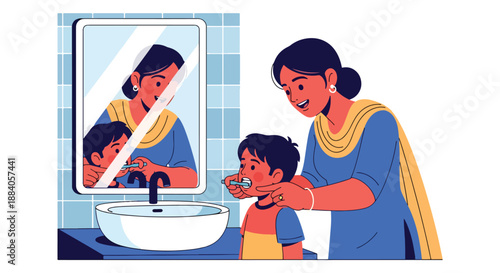 Vector illustration of an Indian mother teaching her child to brush teeth, promoting hygiene education and healthy family habits in a friendly flat vector design