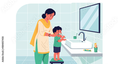 Vector illustration of an Indian mother teaching her child to brush teeth, promoting hygiene education and healthy family habits in a friendly flat vector design