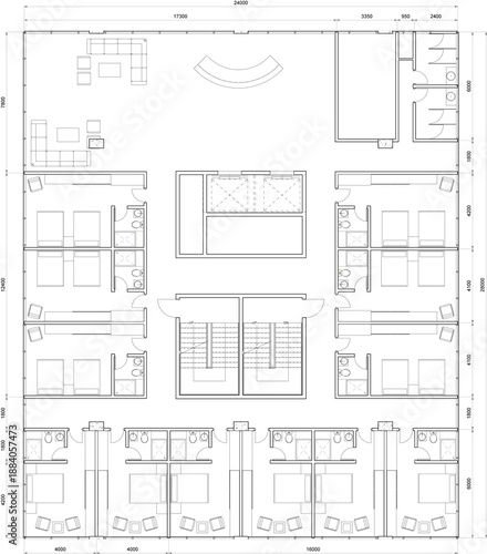 Top-down 2D architectural floor plan for the ground or main floor of a hotel, showing guest rooms, a large lobby, and a central core. Related to hotel ground floor functional layout, commercial lobby