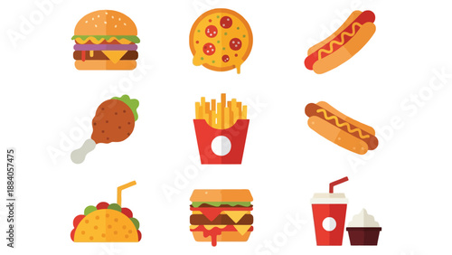 A colorful illustration of various fast food items on a white background