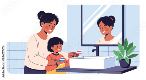 Vector illustration of an Indian mother teaching her child to brush teeth, promoting hygiene education and healthy family habits in a friendly flat vector design
