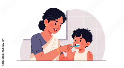 Vector illustration of an Indian mother teaching her child to brush teeth, promoting hygiene education and healthy family habits in a friendly flat vector design