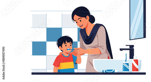 Vector illustration of an Indian mother teaching her child to brush teeth, promoting hygiene education and healthy family habits in a friendly flat vector design