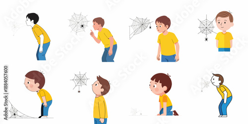 Boy observing and interacting with spiders and webs in various poses, illustrating curiosity and nature exploration.