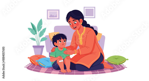 Vector illustration of an Indian mother comforting her child after a fall, expressing empathy, love, and emotional family support in a warm flat vector scene