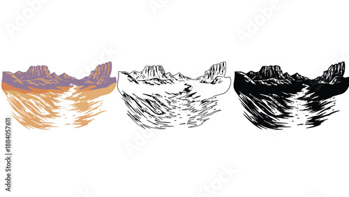 An illustration of a mountain landscape in various color schemes