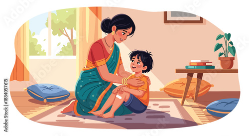 Vector illustration of an Indian mother comforting her child after a fall, expressing empathy, love, and emotional family support in a warm flat vector scene