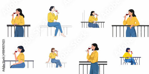 Vector illustration set of stylish women enjoying red wine while relaxing on a balcony railing or terrace, embracing leisure time and urban living.