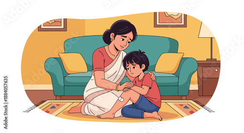 Vector illustration of an Indian mother comforting her child after a fall, expressing empathy, love, and emotional family support in a warm flat vector scene