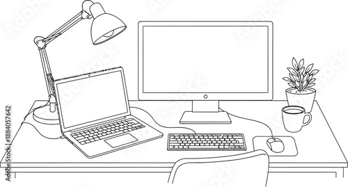 Modern workspace setup with a laptop and desktop computer on a clean desk with a lamp and potted plant for a productive work environment and comfort for employees