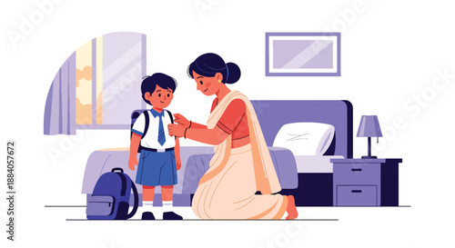 Vector illustration of an Indian mother helping her child get dressed for school, showing daily routine, care, and positive parenting in a flat modern family scene