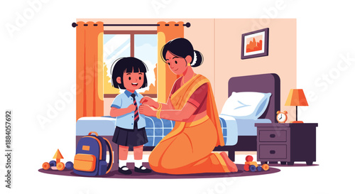 Vector illustration of an Indian mother helping her child get dressed for school, showing daily routine, care, and positive parenting in a flat modern family scene