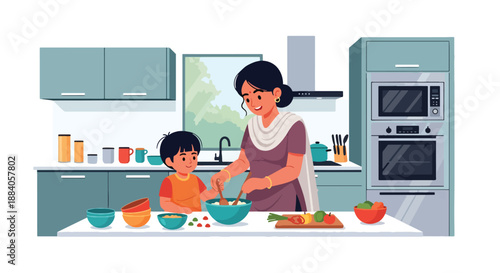 Vector illustration of an Indian mother cooking with her child in the kitchen, representing family teamwork, learning, and joyful daily bonding in flat vector style