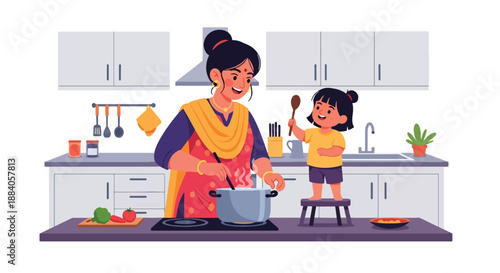 Vector illustration of an Indian mother cooking with her child in the kitchen, representing family teamwork, learning, and joyful daily bonding in flat vector style