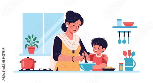 Vector illustration of an Indian mother cooking with her child in the kitchen, representing family teamwork, learning, and joyful daily bonding in flat vector style