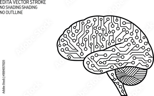 Human brain illustrated with intricate circuit board patterns and lines representing artificial intelligence and technological advancements in a simple black and white vector graphic style.