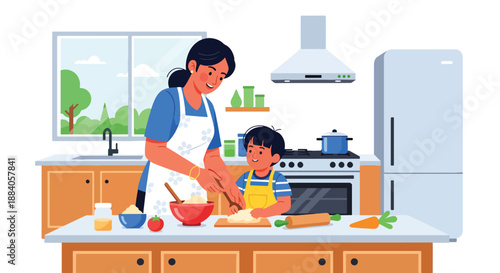 Vector illustration of an Indian mother cooking with her child in the kitchen, representing family teamwork, learning, and joyful daily bonding in flat vector style
