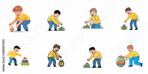 Happy Boys Finding and Collecting Colorful Easter Eggs Set, Isolated Vector Illustrations of Children Hunting Eggs on White Background.