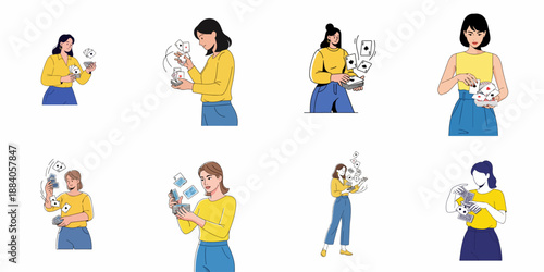 Set of Vector Illustrations: Women Playing with Cards, Shuffling, and Showing Luck for Casino Games and Entertainment.
