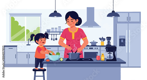 Vector illustration of an Indian mother cooking with her child in the kitchen, representing family teamwork, learning, and joyful daily bonding in flat vector style