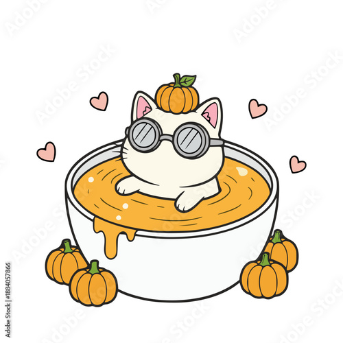 Cute White Cat Wearing Swimming Goggles in a Pumpkin Soup Bowl—Vector Illustration. Design Element. Clip art. Suitable for artwork design. Editable for any design.