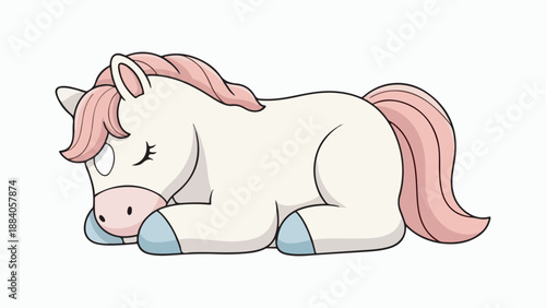 A cute, stylized illustration of a white unicorn with a pink mane and tail, sleeping peacefully on a white background.