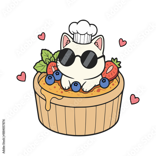 Cute Cat Chef with Sunglasses Come Out from Creme Brulee Dessert—Vector Illustration. Design Element. Clip art. Suitable for artwork design. Editable for any design.