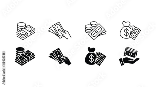 A collection of black and white icons depicting various money and finance symbols