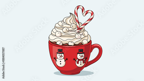 Festive Hot Chocolate with Marshmallows and Candy Cane Heart - Illustration