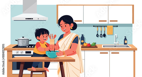 Vector illustration of an Indian mother cooking with her child in the kitchen, representing family teamwork, learning, and joyful daily bonding in flat vector style