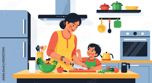 Vector illustration of an Indian mother cooking with her child in the kitchen, representing family teamwork, learning, and joyful daily bonding in flat vector style
