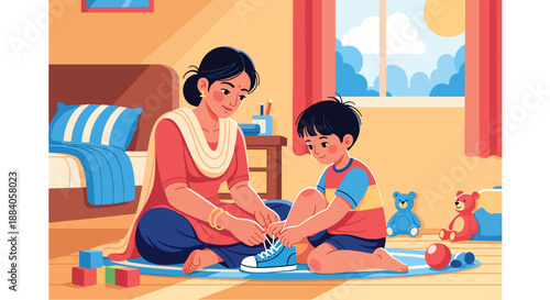 Vector illustration of an Indian mother teaching her child to tie shoelaces, highlighting life skills learning and supportive parenting in a clean flat vector scene