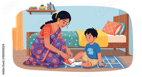 Vector illustration of an Indian mother teaching her child to tie shoelaces, highlighting life skills learning and supportive parenting in a clean flat vector scene