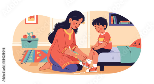 Vector illustration of an Indian mother teaching her child to tie shoelaces, highlighting life skills learning and supportive parenting in a clean flat vector scene