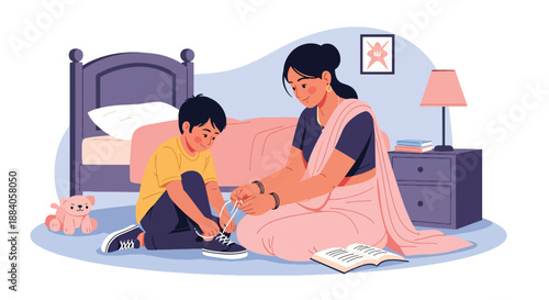 Vector illustration of an Indian mother teaching her child to tie shoelaces, highlighting life skills learning and supportive parenting in a clean flat vector scene