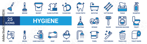 Hygiene icon set. Containing plunger, broom, bucket, clean clothes, clean dish, clean teeth, bathtub, cotton bud, tissue, shampoo and more. Blue vector icons collection.