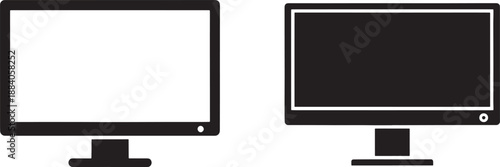 Two black computer monitors one with white screen one with black screen 1