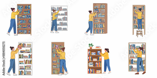 Vector set of women browsing, organizing, and selecting books from library or home bookshelves, depicting education and reading culture.