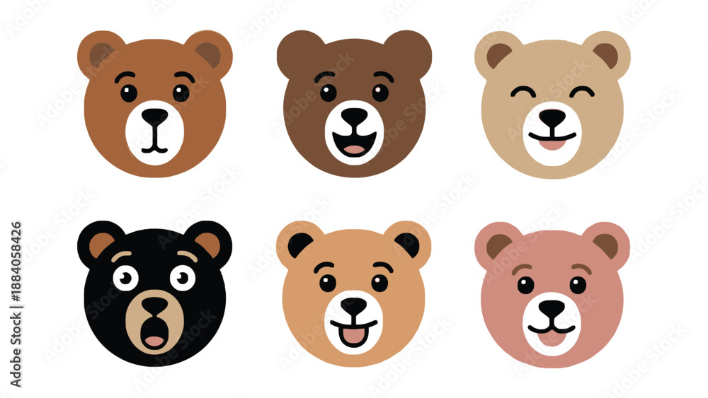 Fototapeta premium A set of cute cartoon bear faces with different expressions and colors