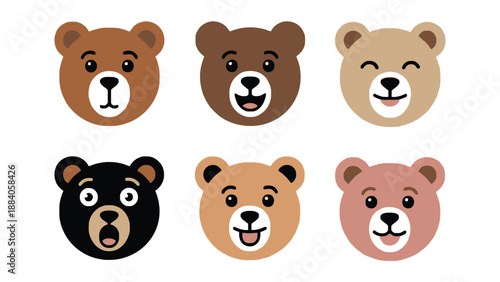 A set of cute cartoon bear faces with different expressions and colors