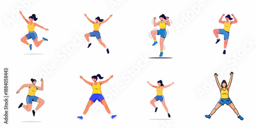 Fitness woman set of illustrations doing various dynamic exercises like jumping jacks, running in place, and leaps, isolated on white.