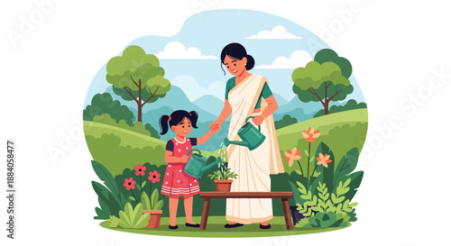 Vector illustration of an Indian mother and child watering plants together, promoting eco lifestyle, responsibility, and positive family bonding in flat vector style