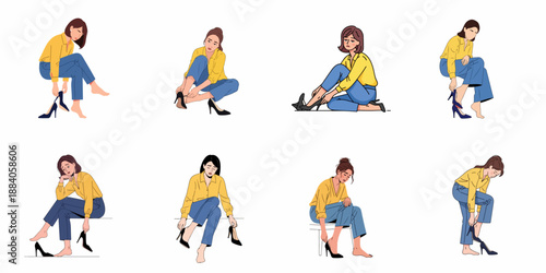 Tired woman putting on or taking off high heels, illustrating foot pain, relief, and daily struggle with formal business attire.