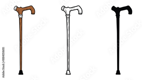 Three walking canes in different colors and styles on a white background