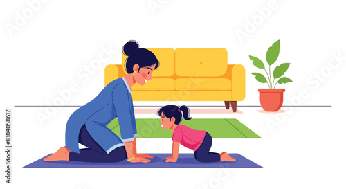 Vector illustration of an Indian mother teaching her child yoga poses at home, encouraging wellness, balance, and healthy family habits in a flat modern scene