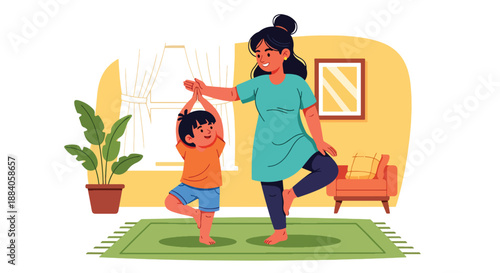 Vector illustration of an Indian mother teaching her child yoga poses at home, encouraging wellness, balance, and healthy family habits in a flat modern scene